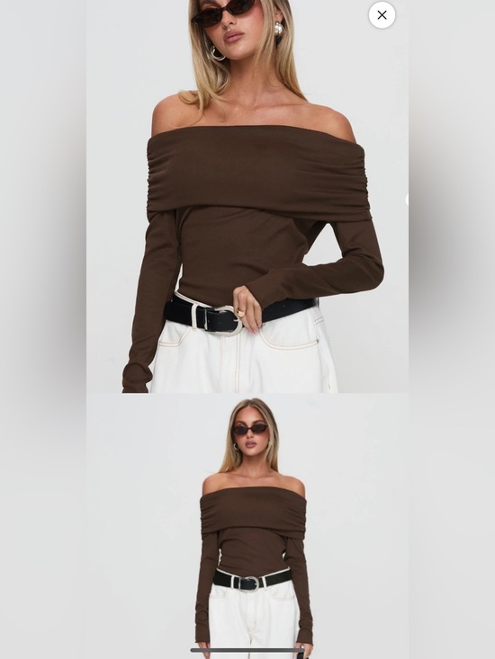 Princess Polly Sweaters - Off-Shoulder Long Sleeve Bodysuit in Chocolate Brown